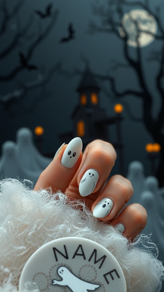 Almond-shaped nails painted white with ghost designs, set against a spooky Halloween background.