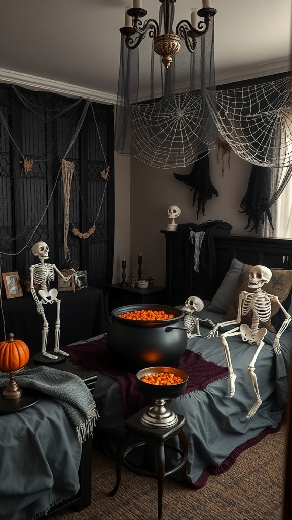 A Halloween-themed bedroom with skeletons, cobwebs, and a cauldron filled with orange treats.
