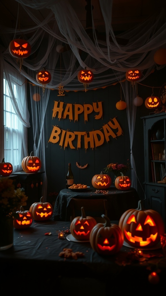 A Halloween-themed birthday party with glowing jack-o'-lanterns, cobwebs, and a 'Happy Birthday' banner.