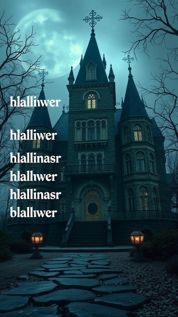 A spooky mansion under a full moon with creative Halloween usernames displayed.