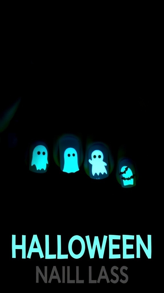 Glow-in-the-dark Halloween nails featuring cute ghosts and a bat design