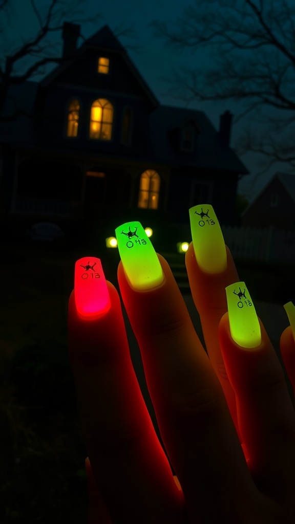 A hand with glow-in-the-dark nails in front of a dimly lit house.