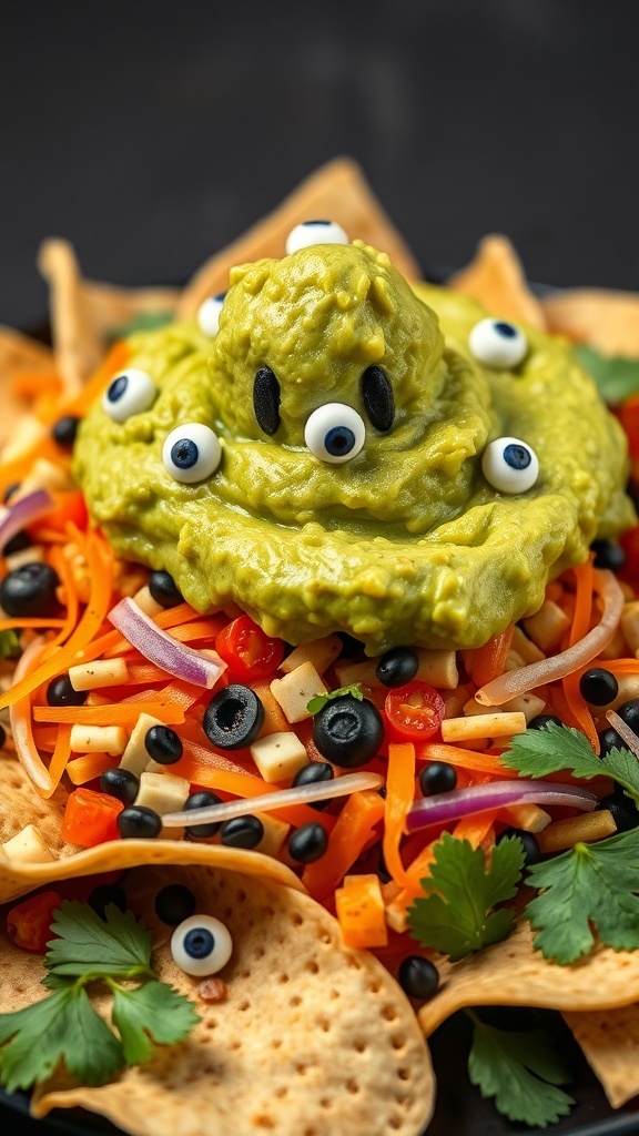 A spooky taco dip featuring guacamole shaped like a monster with googly eyes on top of a colorful layer of vegetables and tortilla chips.