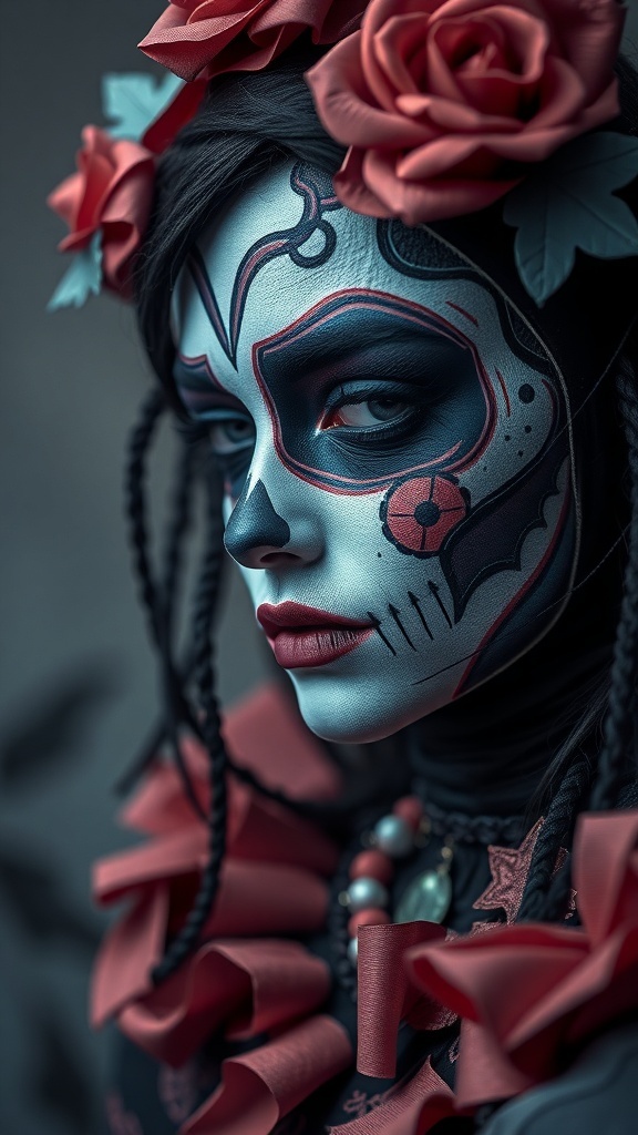 A person with intricate ghoulish makeup featuring blue and black designs, adorned with red roses in their hair.