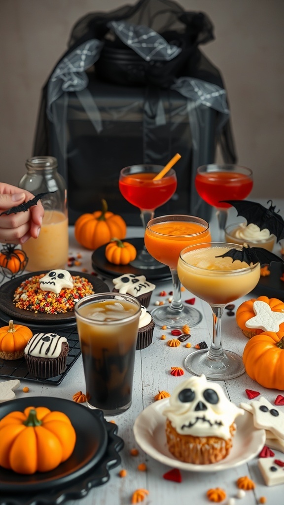 A festive Halloween spread featuring drinks and treats, including cupcakes with skulls, mini pumpkins, and colorful candies.