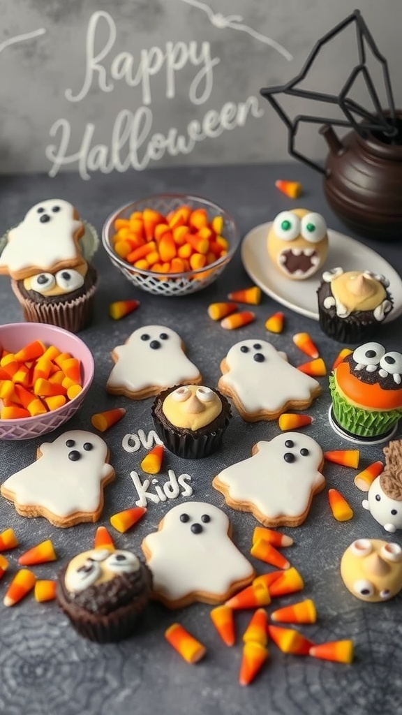 A variety of Halloween-themed snacks including ghost cookies, colorful cupcakes, and candy corn.