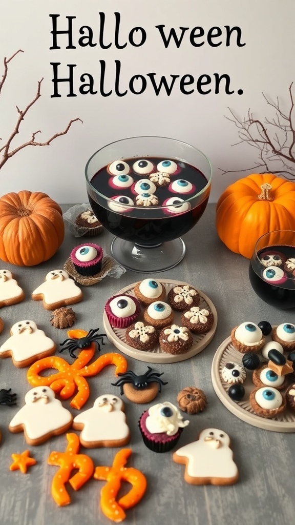 A Halloween-themed spread featuring spooky treats like ghost cookies, cupcakes with eyeballs, and a punch bowl.