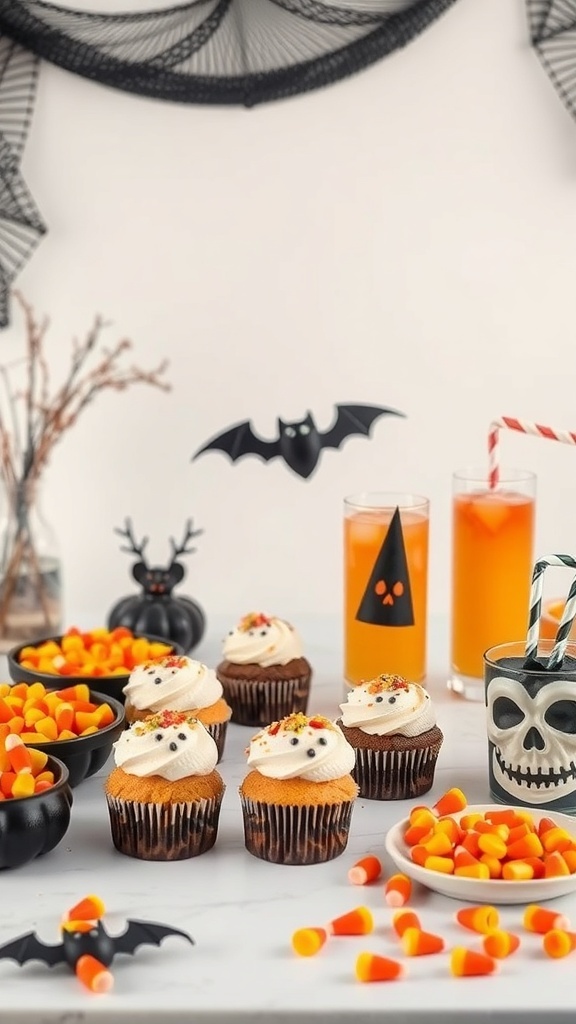 A festive Halloween party spread featuring cupcakes, candy corn, and themed drinks.