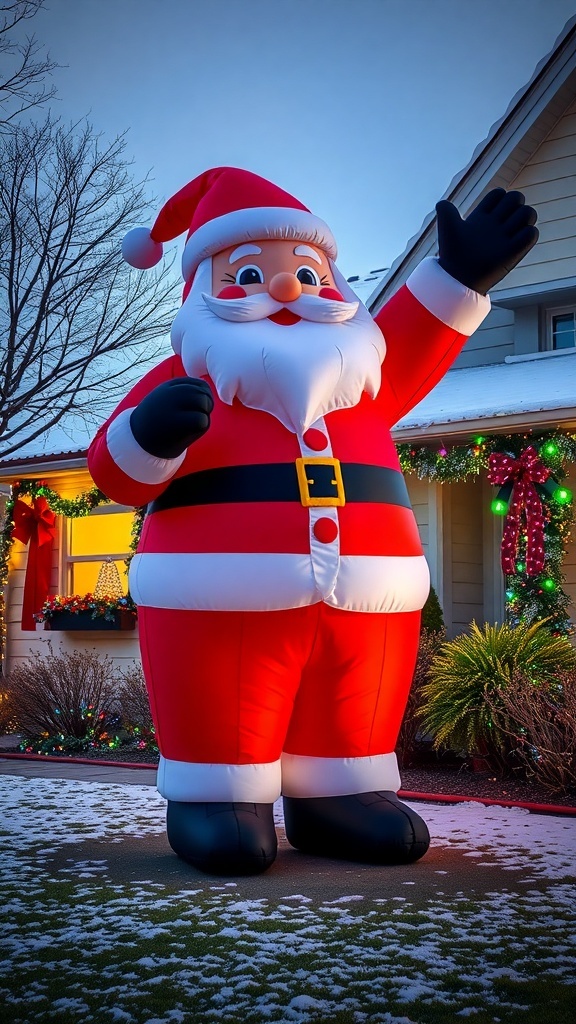 A giant inflatable Santa Claus waving in a snowy yard decorated for Christmas.