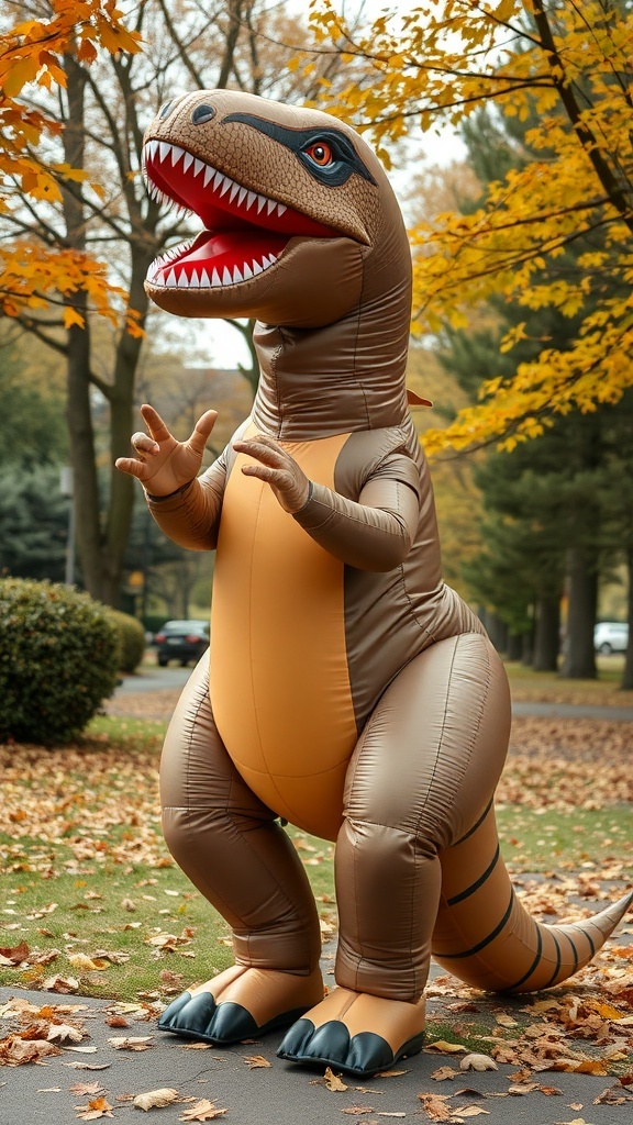A person wearing a giant inflatable T-Rex costume in an outdoor setting with autumn leaves.