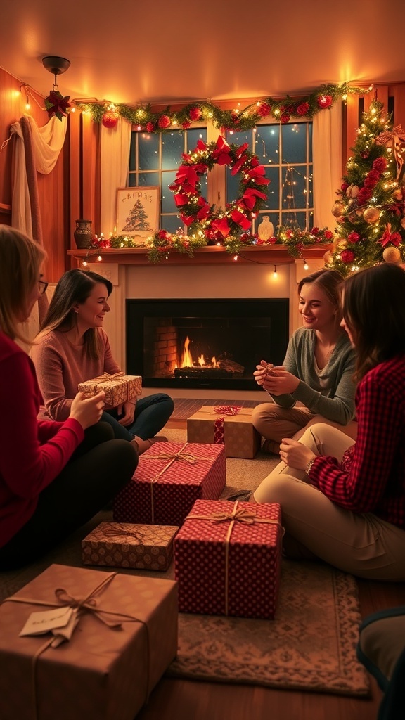 A cozy Christmas gathering with six people exchanging gifts around a fireplace.