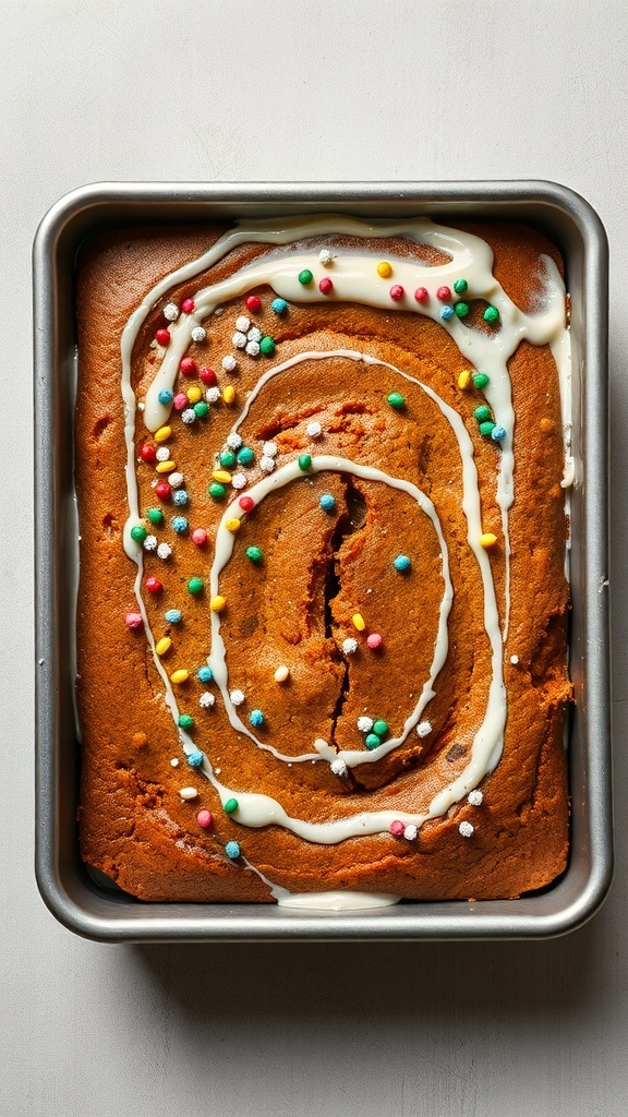A gingerbread cake in a 9x13 pan topped with cream cheese frosting and colorful sprinkles.