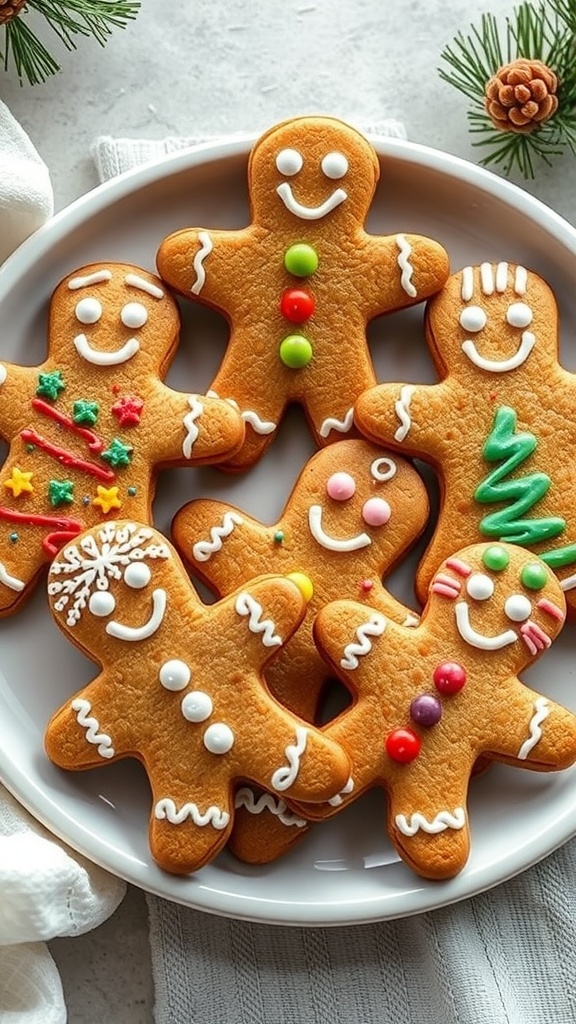 A plate of decorated gingerbread men cookies with icing and colorful candies.