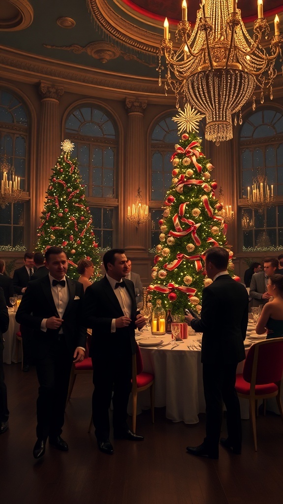 A glamorous holiday party scene with elegantly dressed guests, Christmas trees, and a chandelier.
