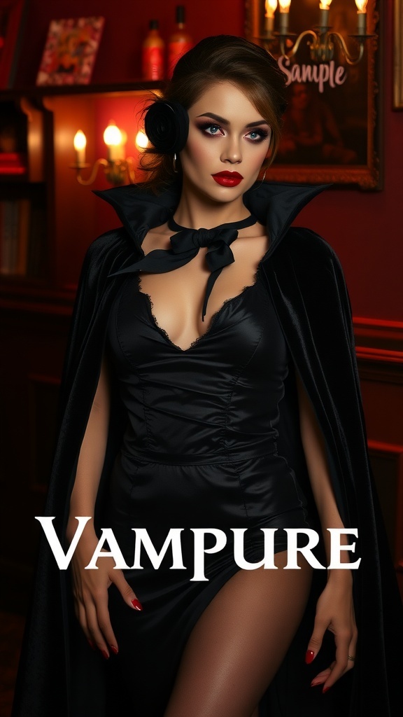 A woman dressed in a glamorous vampire costume with a dark cape and bold makeup.