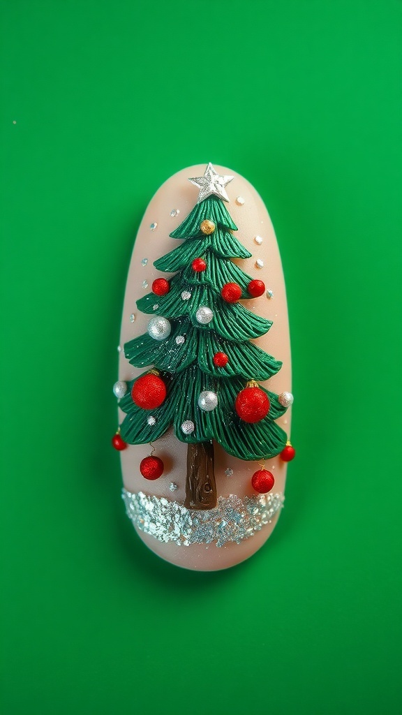 3D nail art featuring a decorated Christmas tree with red and silver ornaments on a nude nail.