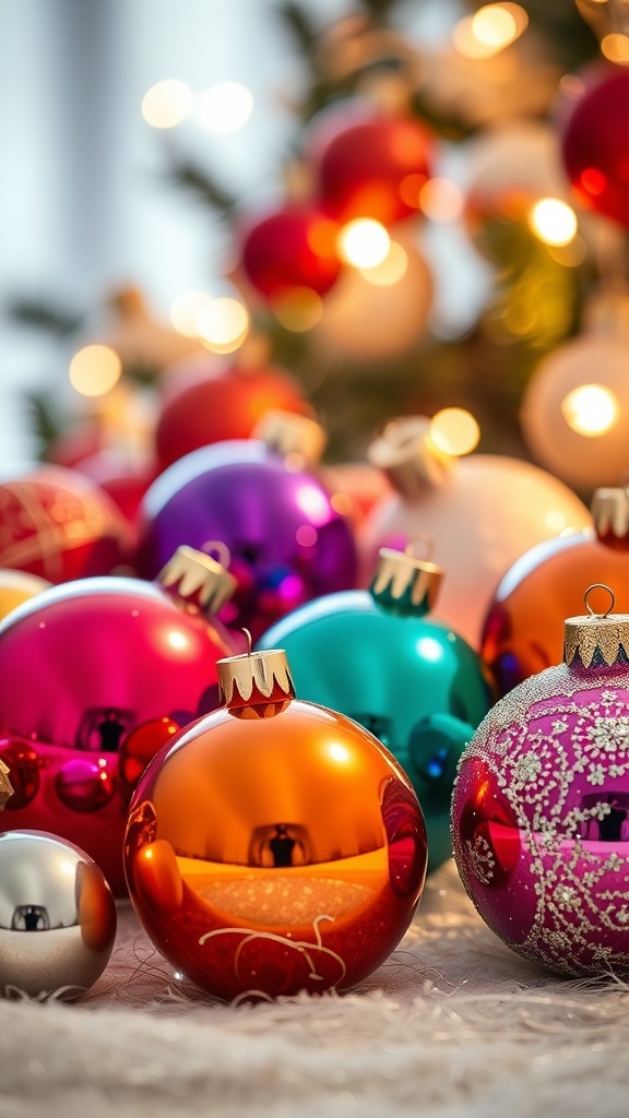 Colorful glass Christmas ornaments in various shapes and sizes, reflecting light and creating a festive atmosphere.