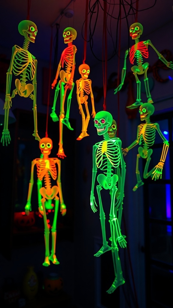 Colorful glow-in-the-dark skeletons hanging in a room