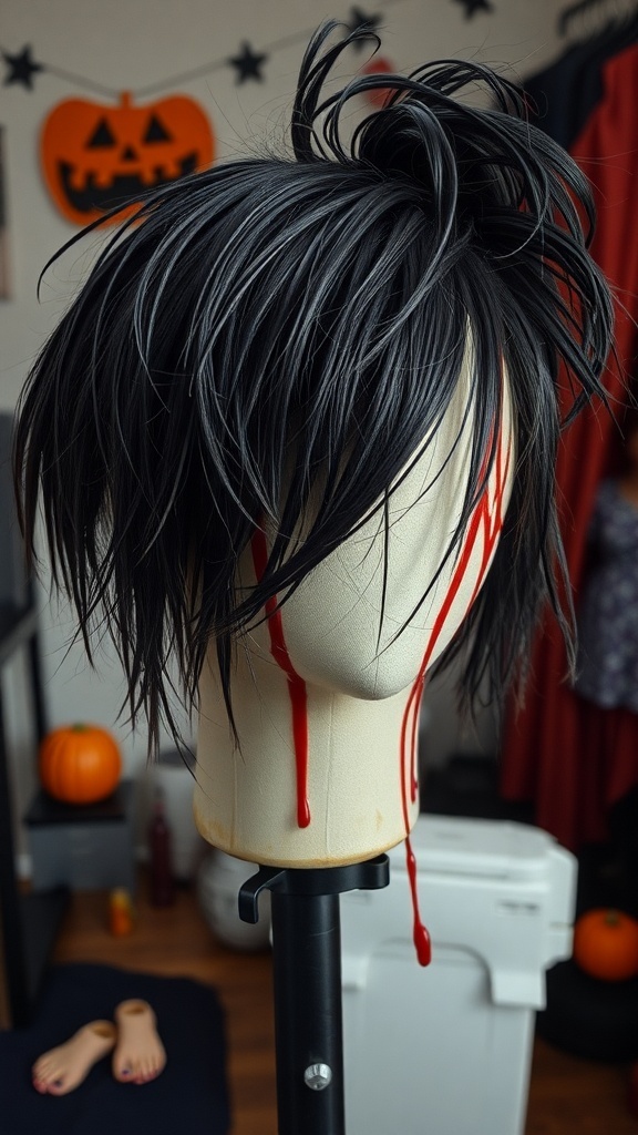 A mannequin head with a messy black wig dripping with red, resembling blood, set against a Halloween-themed background.