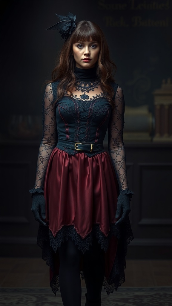 A model wearing a gothic-inspired dress with lace details and a feathered headpiece, set against a dark background.