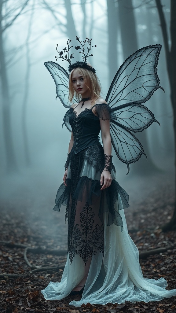 A Gothic Fairy costume featuring a black corset, flowing skirt, and oversized butterfly wings in a misty forest setting.