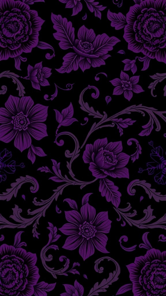 Gothic floral pattern with dark hues featuring purple flowers on a black background