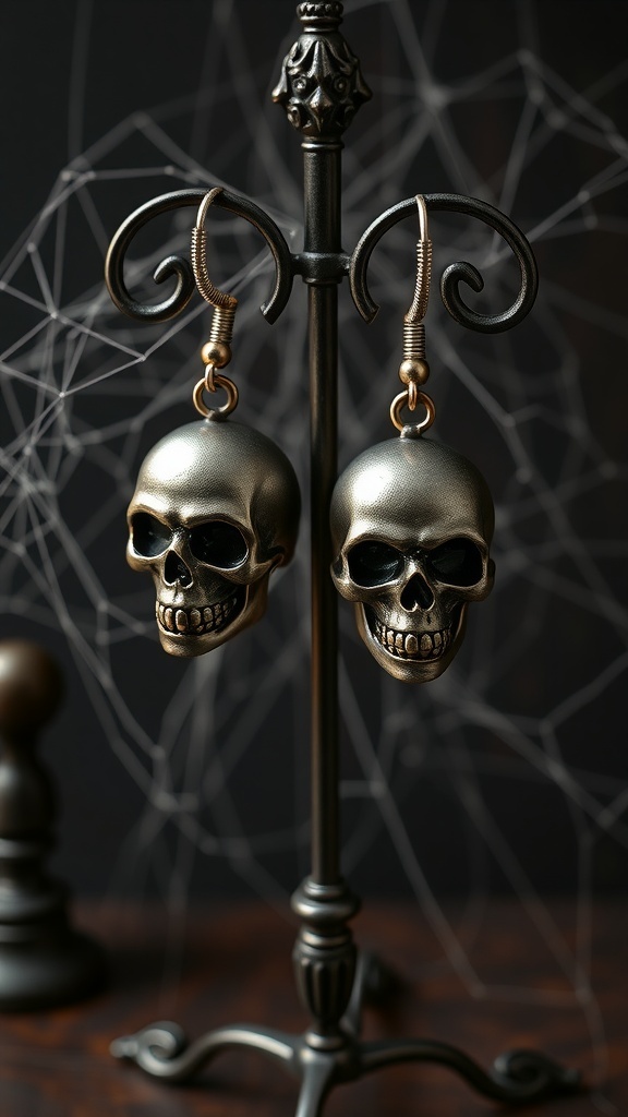 A pair of gothic skull earrings displayed on a decorative stand, surrounded by spider webs.