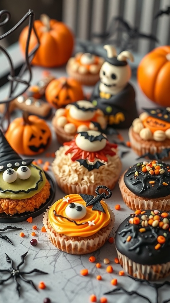 A variety of Halloween-themed cupcakes decorated with spooky designs, including pumpkins, ghosts, and bats, set against a festive backdrop.