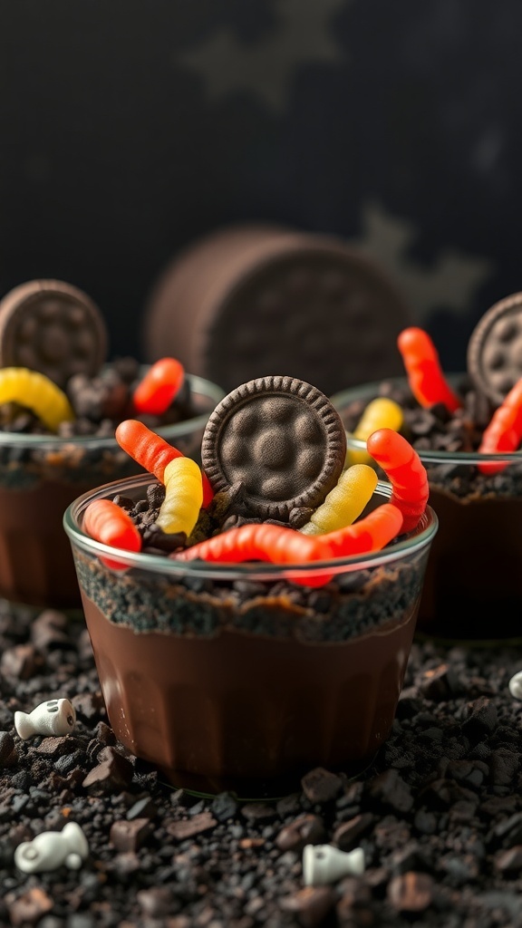 A close-up of graveyard dirt cups decorated with gummy worms and Oreo cookies.