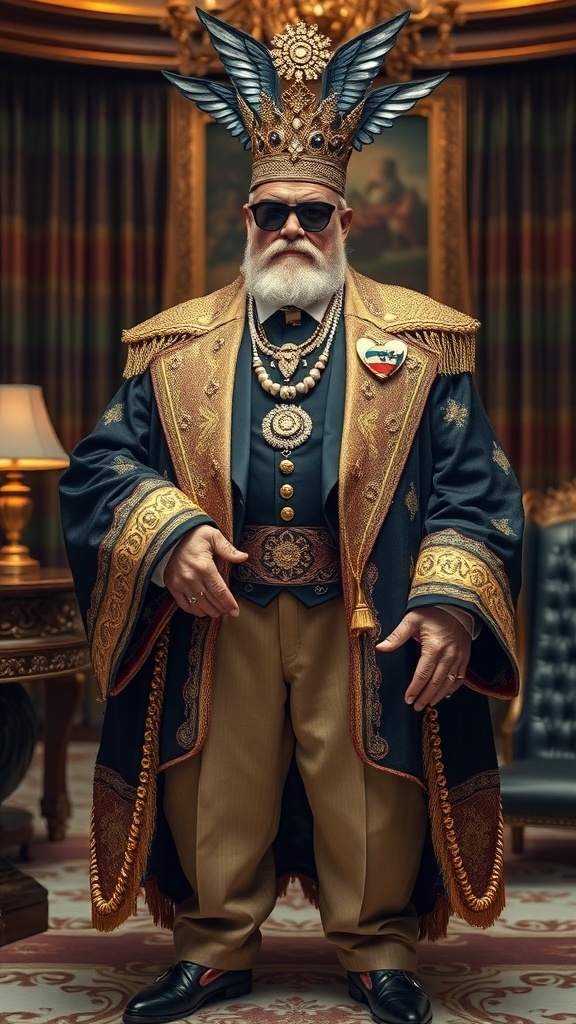 A man in a lavish kingpin outfit with a crown, sunglasses, and gold accessories, embodying the theme of greed.