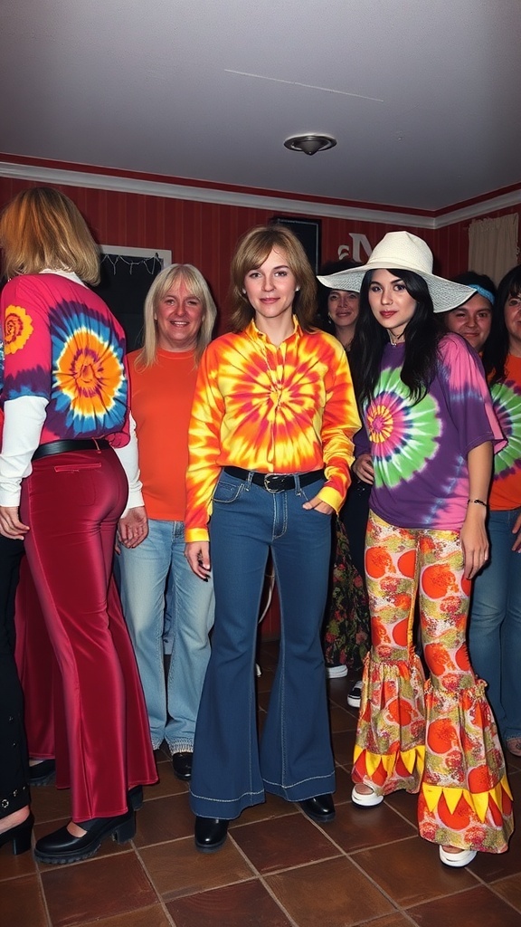 A group of people dressed in colorful 70s-inspired outfits, featuring tie-dye shirts and flared pants.