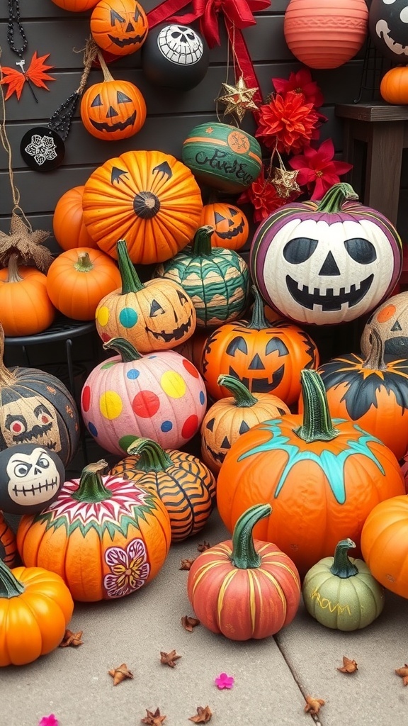 A collection of uniquely decorated pumpkins in vibrant colors, showcasing a 70s aesthetic for Halloween.