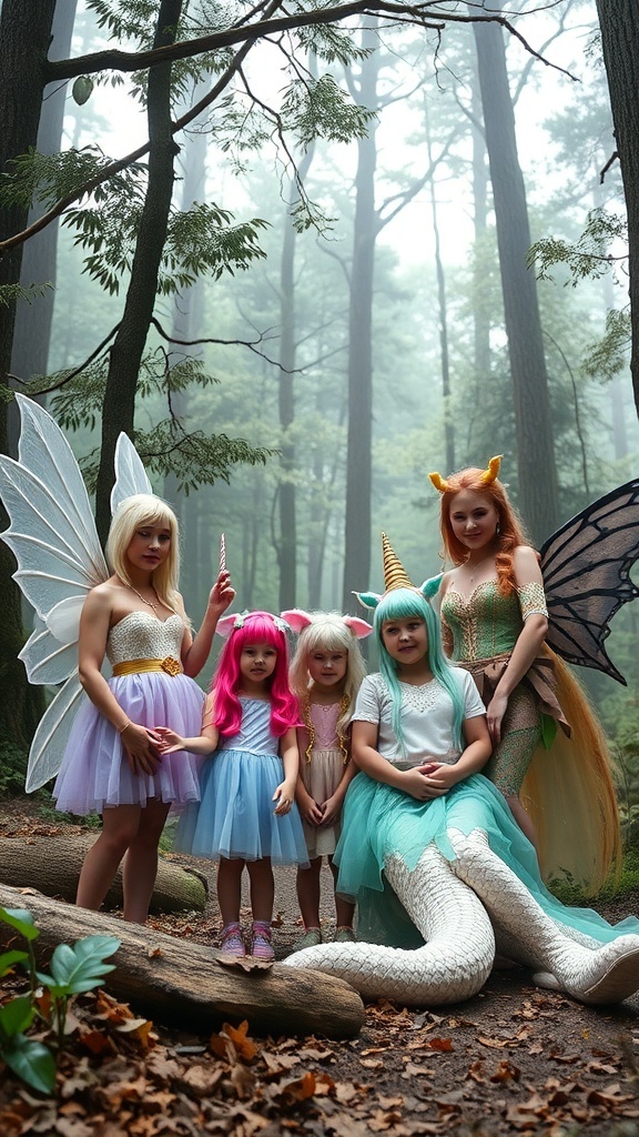 A group of children and adults dressed as mythical creatures in a forest setting.