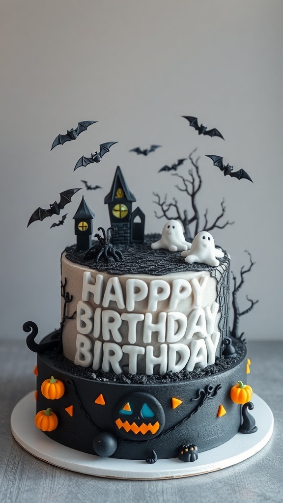 A Halloween-themed birthday cake with ghosts, bats, and pumpkins, celebrating a 4th birthday.