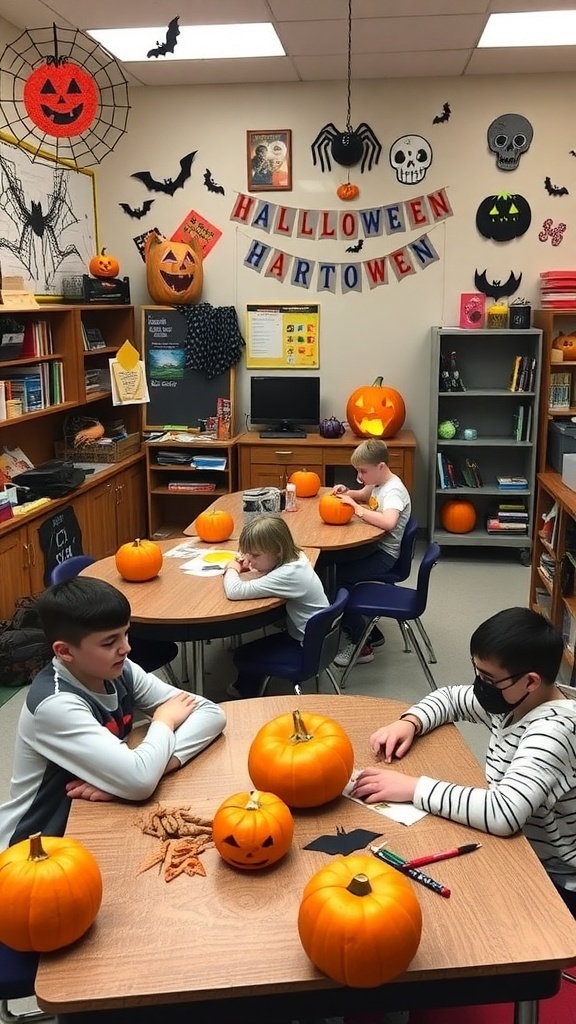 Students decorating pumpkins in a Halloween-themed classroom