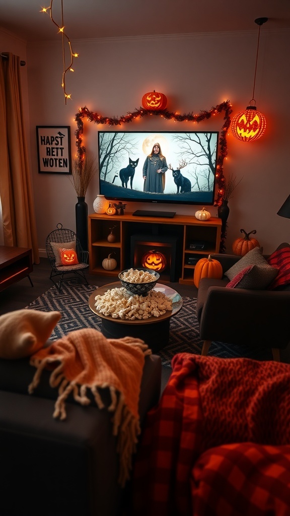 Cozy living room decorated for Halloween with a TV showing a spooky scene, pumpkins, and popcorn.