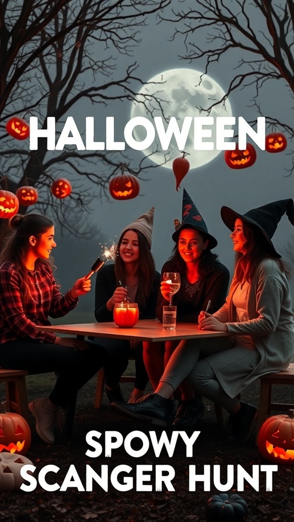 Group of friends participating in a Halloween scavenger hunt with pumpkins and candles