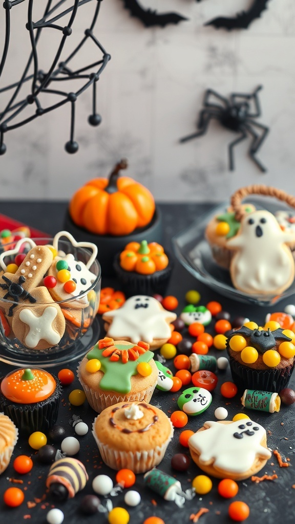 A colorful spread of Halloween-themed treats including cookies, cupcakes, and candies.