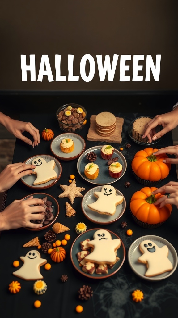 A festive Halloween treat spread featuring ghost-shaped cookies, cupcakes, mini pumpkins, and assorted candies.