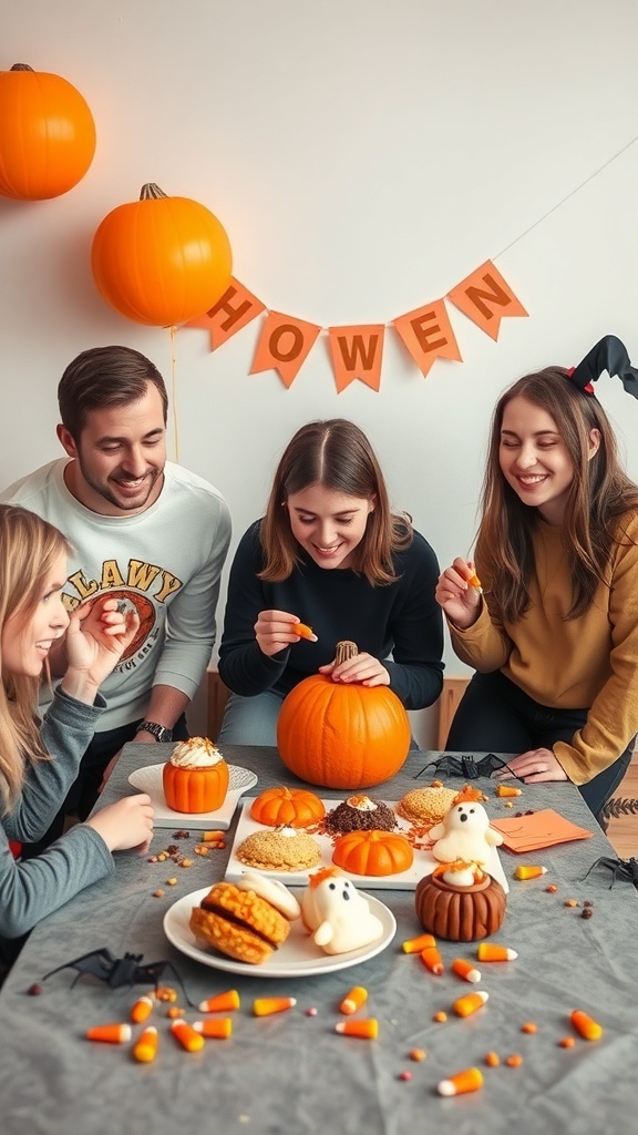Five friends enjoying Halloween treats around a table decorated with pumpkins and sweets.