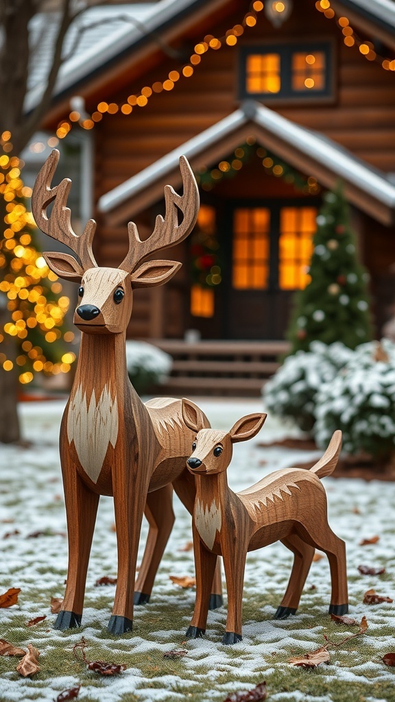 A handcrafted wooden reindeer family display in a snowy yard with a cozy house in the background.