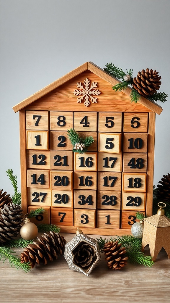 A wooden advent calendar shaped like a house, decorated with pinecones and greenery.