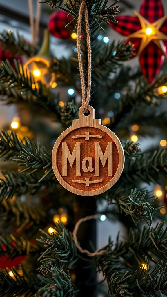 Handcrafted wooden ornament with the letters 'MaM' hanging on a Christmas tree