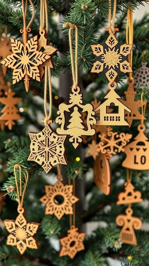 A collection of handcrafted wooden Christmas ornaments hanging on a tree.