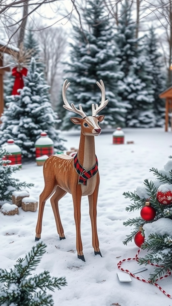 A handcrafted wooden reindeer standing in a snowy yard surrounded by Christmas decorations.