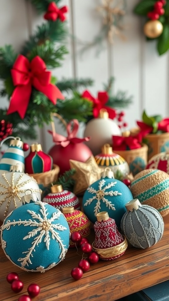 A colorful assortment of handmade holiday ornaments displayed on a wooden table, surrounded by festive decorations.