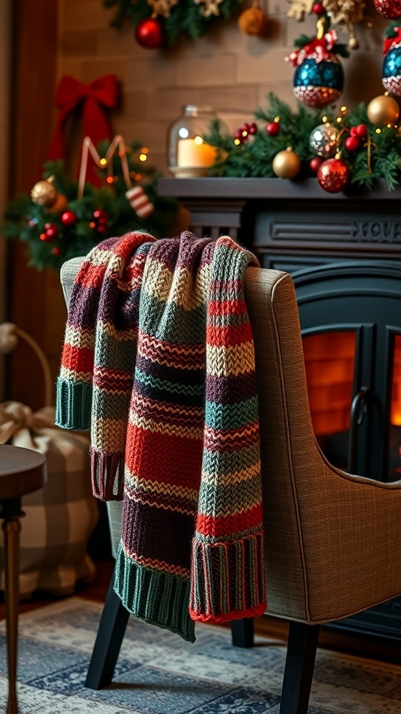 A colorful handmade knitted scarf draped over a chair, with Christmas decorations in the background.