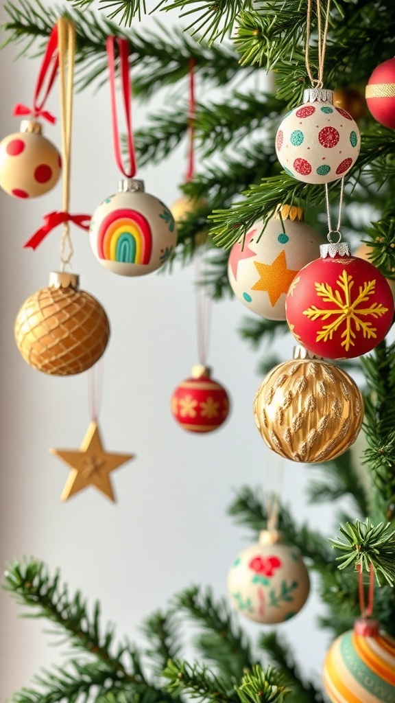 A collection of colorful handmade Christmas ornaments hanging on a tree.