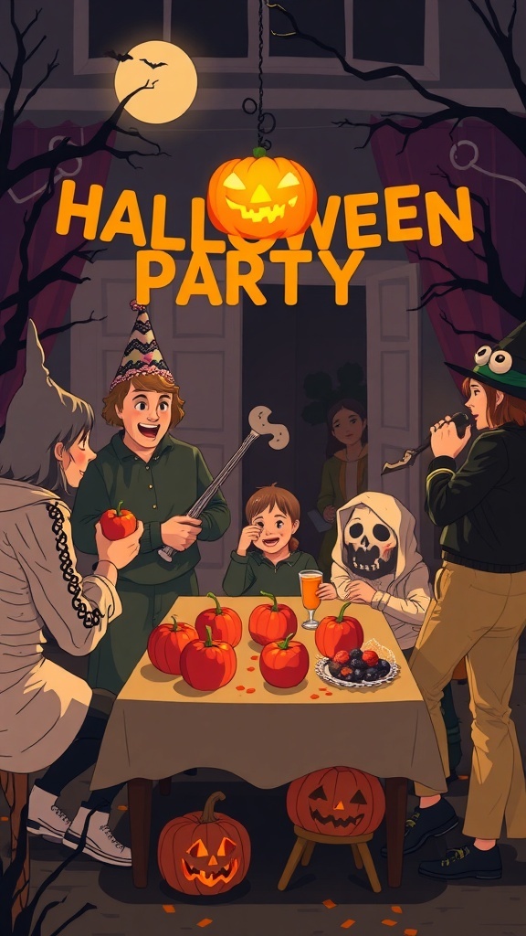 A lively Halloween party scene with seven people, pumpkins, and festive decorations.
