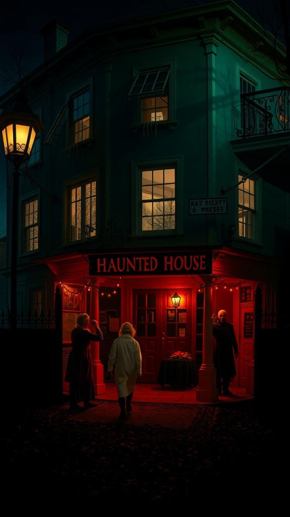 A haunted house with a red-lit entrance, eerie glow from windows, and people standing outside.